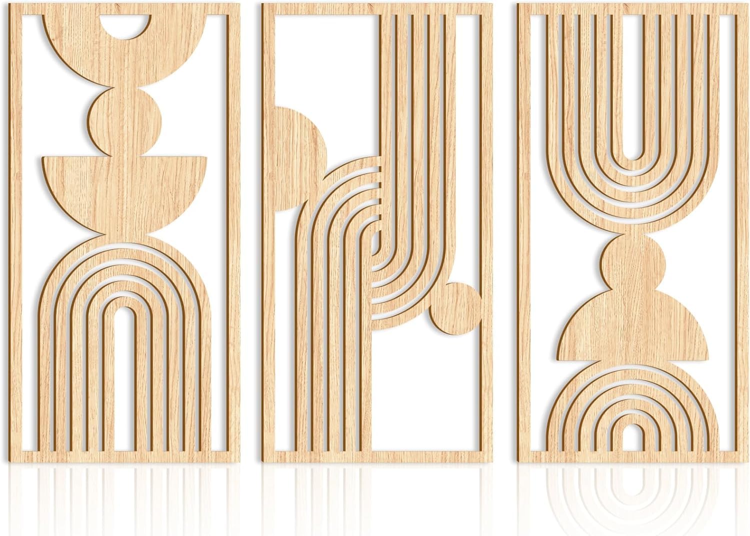 KAIRNE Abstract Boho Wall Art(16”x32”,Framed),3D Minimalist Boho Wall Decor,Beige Wall Art for Living Room,Mid Century Sun Moon Art Prints Wooden,Sun Geometry Poster,Geometric Bohemian Artwork Bedroom