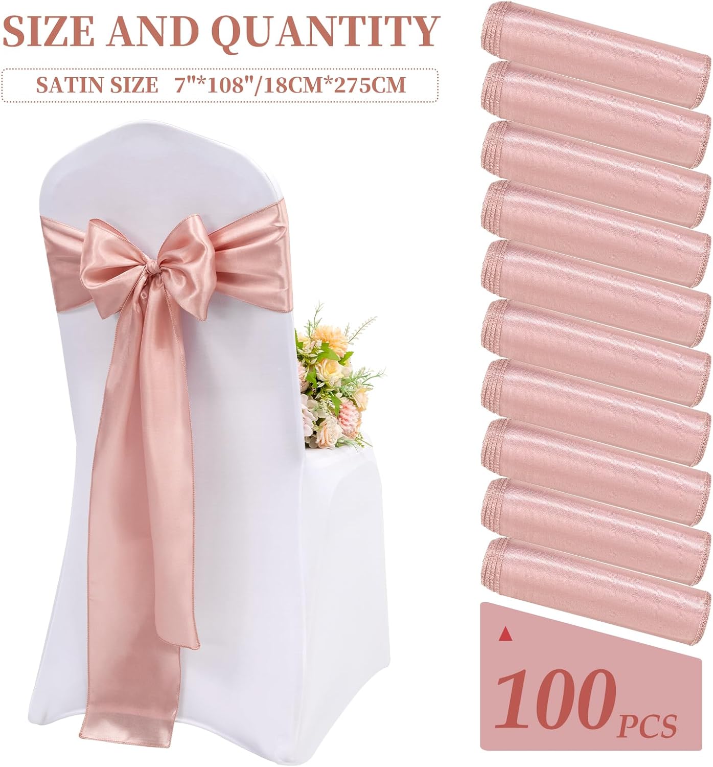 100 Pieces Rose Gold Satin Chair Sashes for Wedding Reception Party Hotel Home Kitchen Decoration-Rose Gold