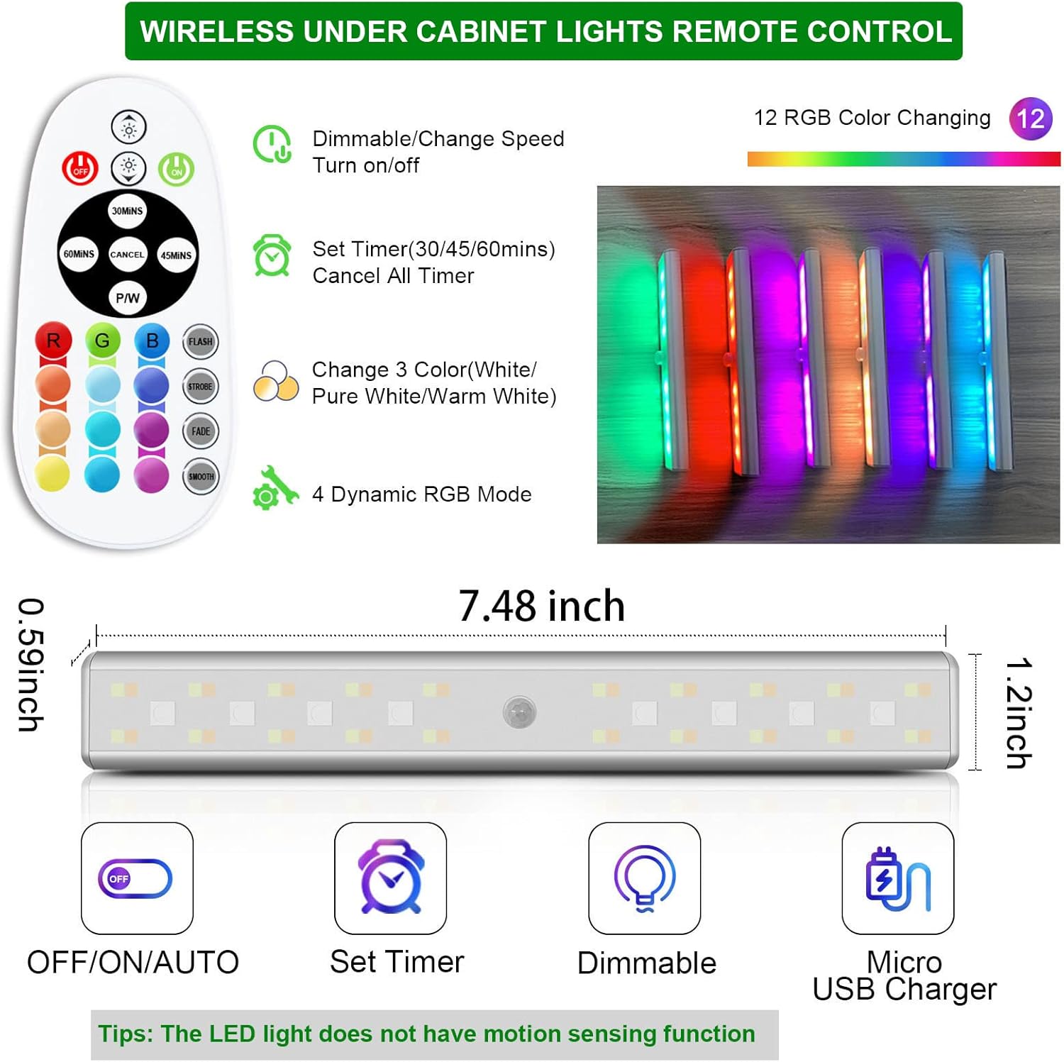 SZOKLED 4 Pack Motion Sensor Lights，6 Pack Remote Cabinet Lights with Multi-Colors
