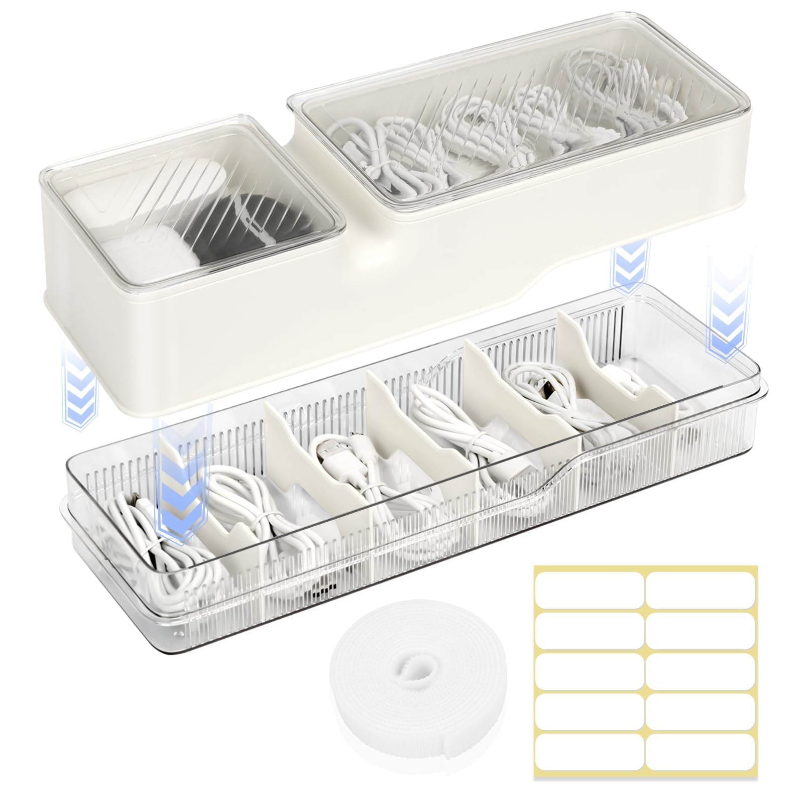 TERRIFI Cable Organizer Box, Double Layer Charger Box With Lid, Desktop Cord Management for Office and Home, Power Cord Storage for Desk Accessories, Stationery Supplies, White
