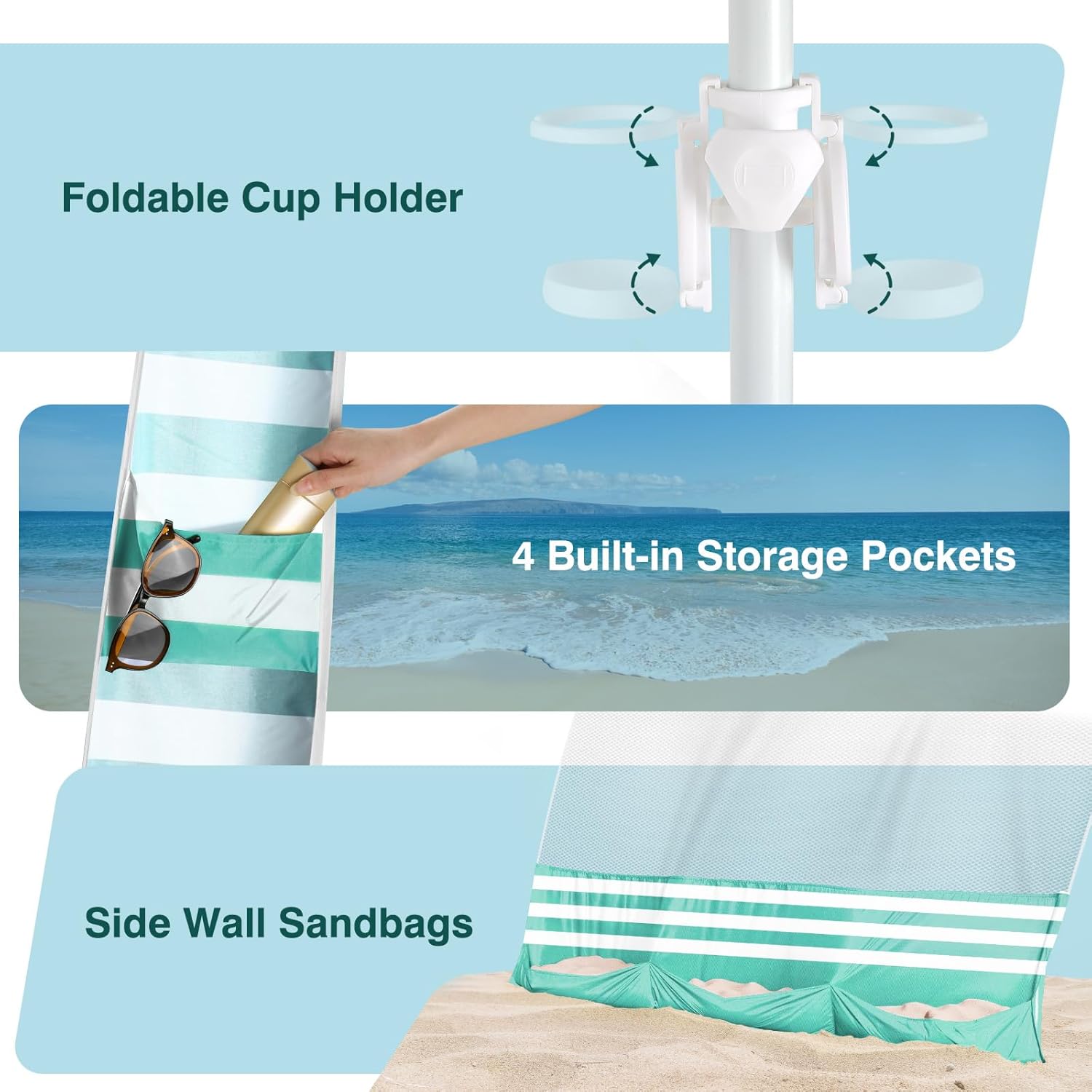 Rhino Valley Beach Cabana, 8 * 8FT Beach Tent UPF50+ Protection, Easy Setup Beach Canopy Wind Resistant with Cup Holder, Compact Beach Shade Foldable Beach Tent Sun Shelter, Green White