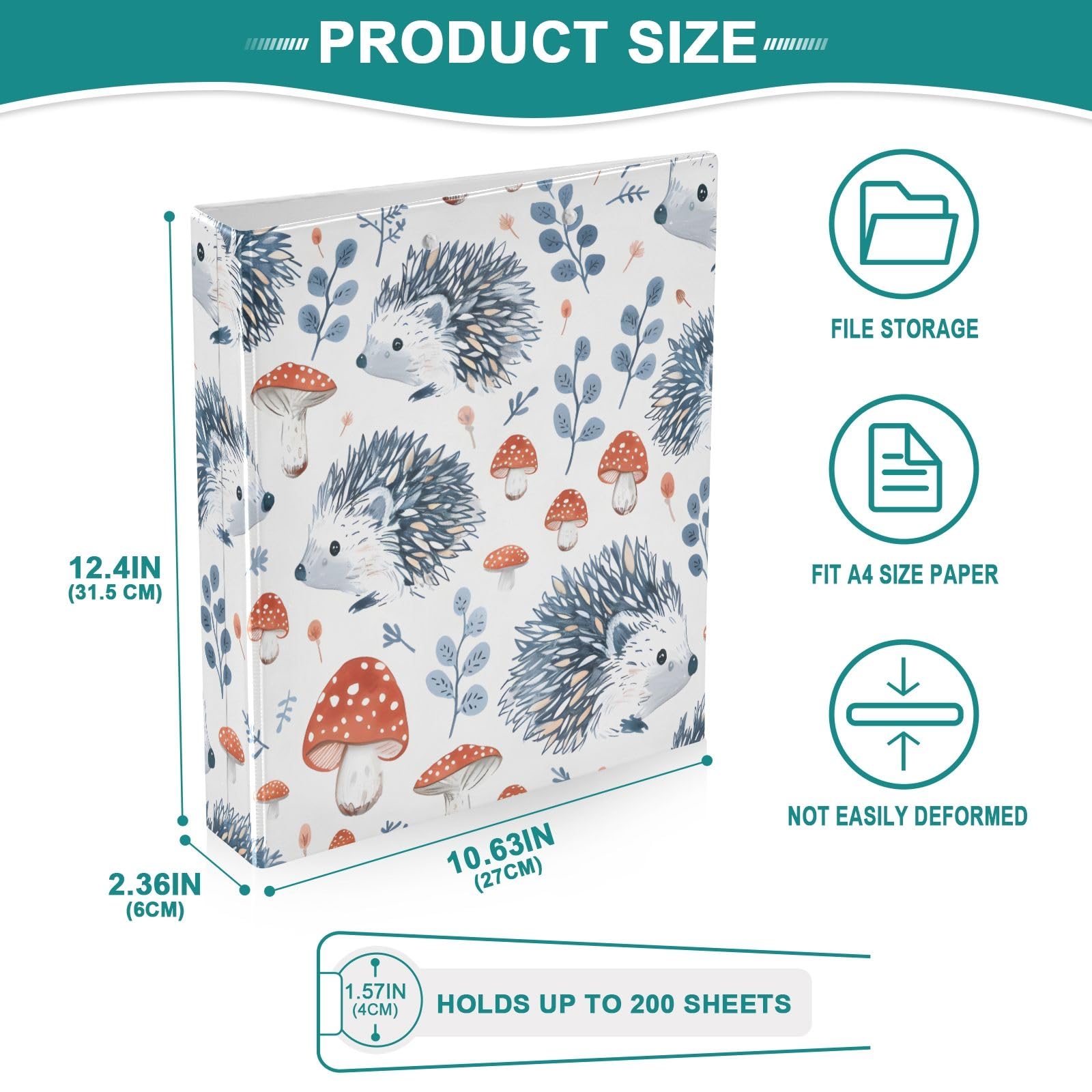 Classeur à Anneaux 3 Anneaux D - Format 31.5x27x6 Cm - Pochette PVC Transparente - Design Hérissons Champignons