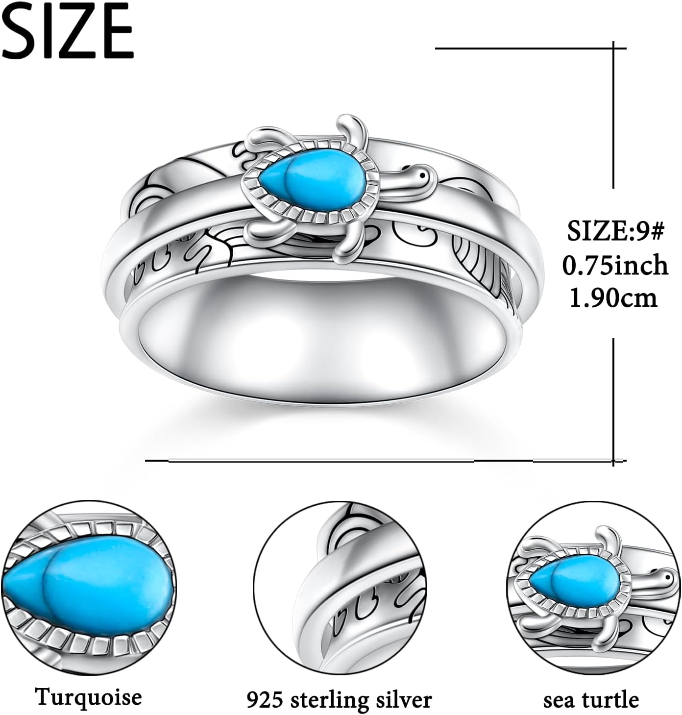 Sterling Silver Spinner Ring Sea Turtle Rings for Women, Vintage Wide Band Fidget Ring for Anxiety Relieve Stress Gift for Women Size 7-9 - Image 5