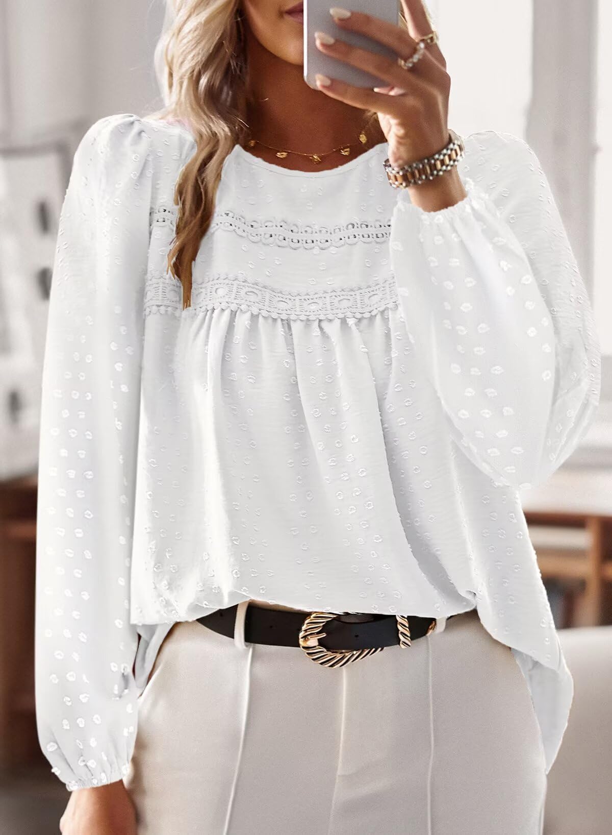 Top Femme Boho Col Rond Chemise Manches Longues Dentelle | Blouse Haut Chic et Élégant Chemise Automne, Tunique à Point Suisse, T-Shirts Mousseline Hauts Décontracté Loose