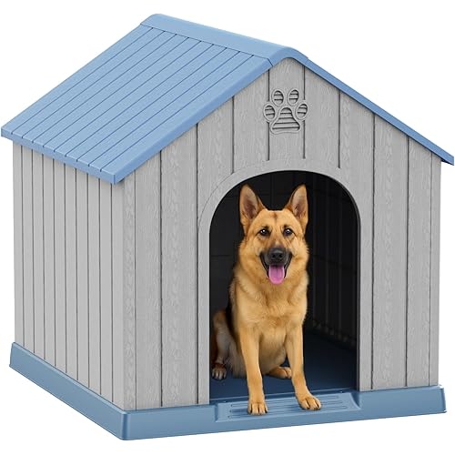 VIXZEN Dog House Outdoor Large Breed - 38 Inch Weatherproof PP Resin Doghouse with Elevated Floor, Open Design & Easy Assembly, Large Dog Houses for Large Dogs Outside (Blue)