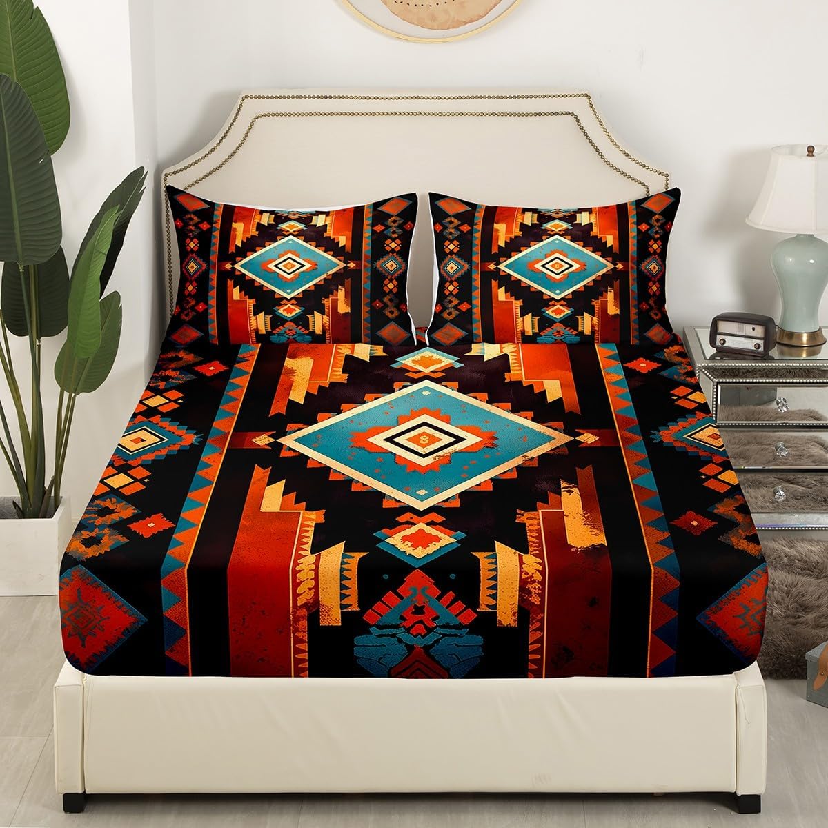 Feelyou Boho Bed Sheet Set Queen Size Western Decor Fitted Sheet for Kids Boys Girls Southwest Native American Design Bedding Set Southwestern Geometric Bed Cover