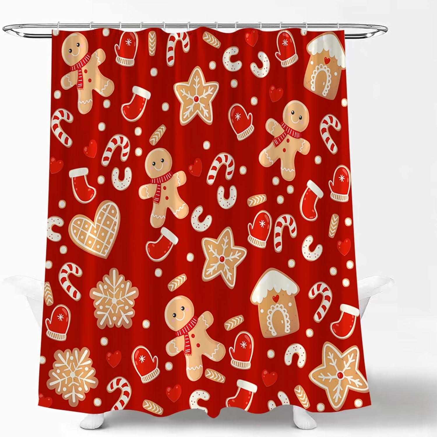 Christmas Shower Curtain Cookies House Cute Cratoon Snowflake Winter Holiday Happy New Year Bath Curtain with Hook