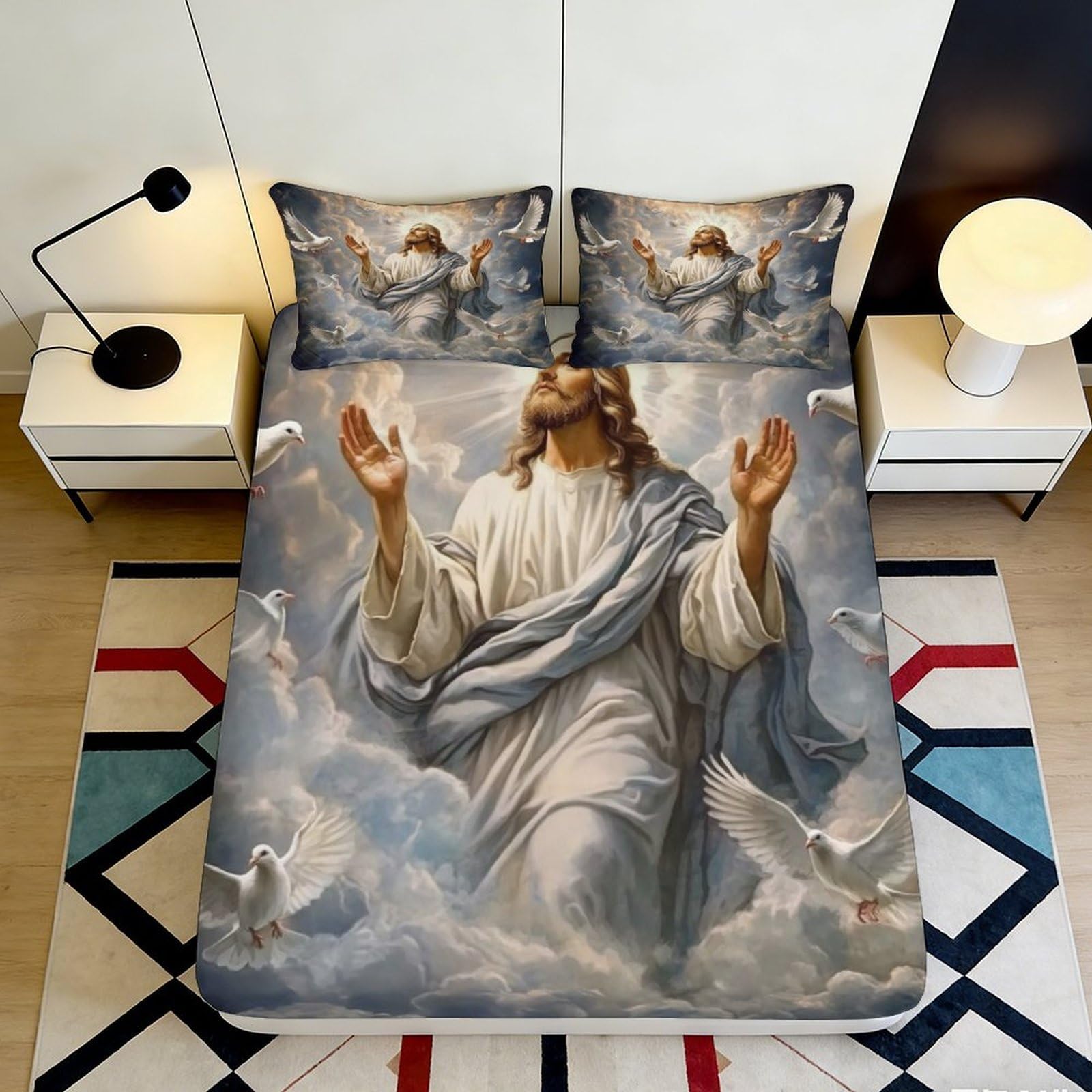 3D Printed Angelic Ascension Fitted Sheet Microfiber Cloud Heaven Mattress Cover Anti-Slip Washable for Bedroom Decor 90x200x25cm
