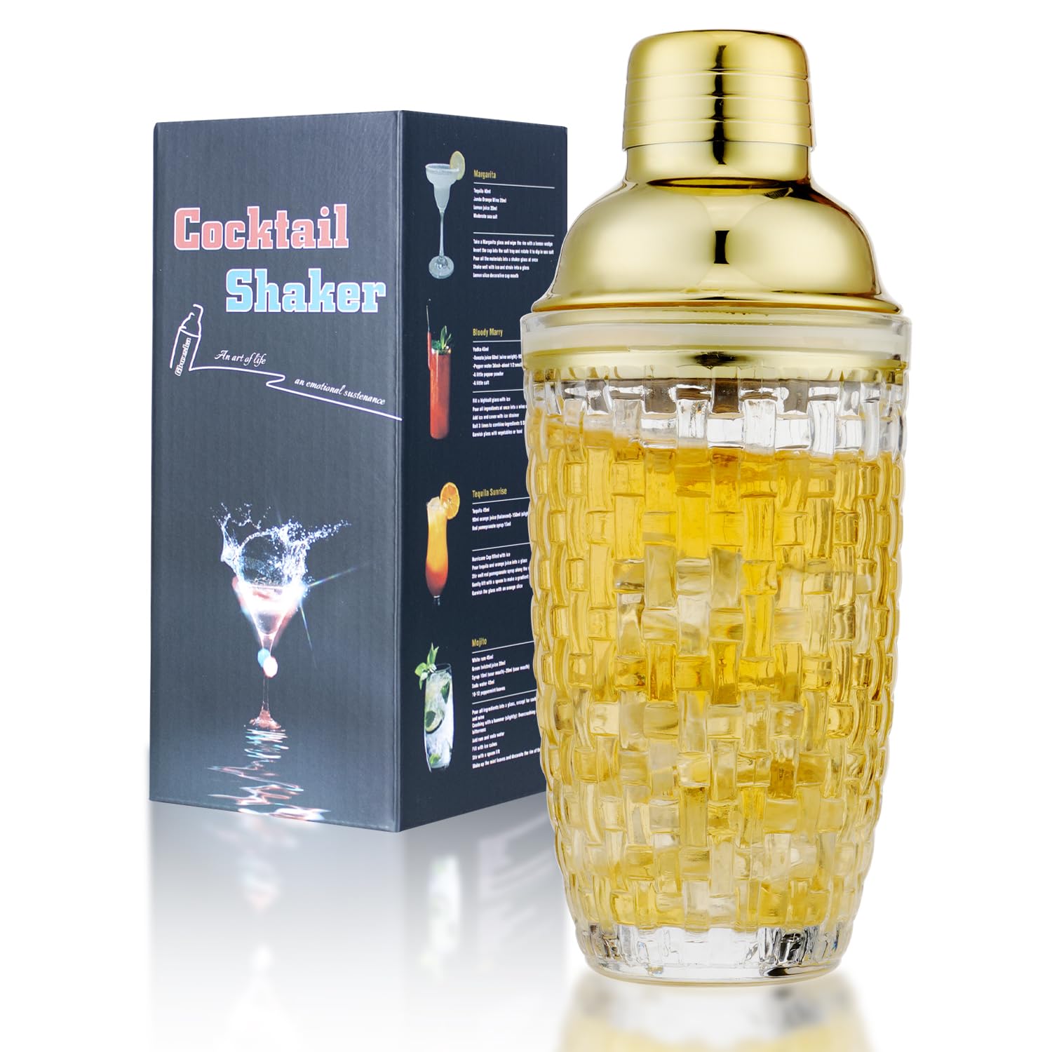 Glass Cocktail Shaker Set for Bars, Whiskey, Drinks (Gold, 13 oz) - Includes Shaker and Accessories