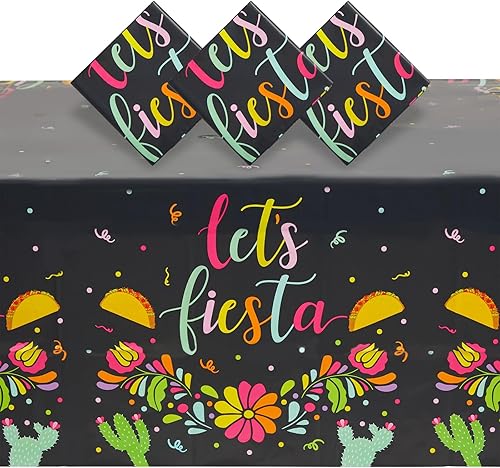 Paquete de 3 fundas de mesa Let's Fiesta para decoraciones del Cinco de Mayo, suministros de fiesta de tacos mexicanos (54 x 108 pulgadas)