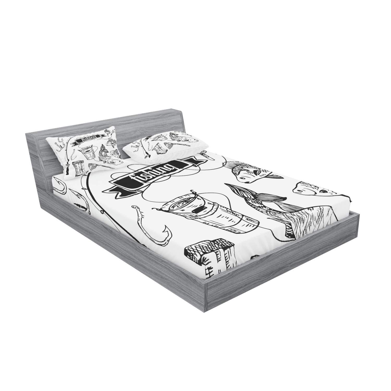 Ambesonne Fishing Fitted Sheet & Pillow Sham Set, Hand Drawn Tools Set Rod Salmon and Perch Bucket Net Float Ribbon Print, Decorative Printed 3 Piece Bedding Decor Set, Full, Black White