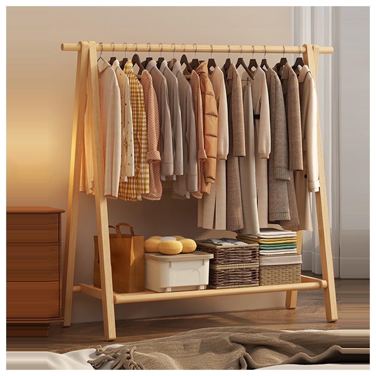 BEARQUN wooden clothes rail rack Coat stand Rack, Large Foldable Hanging Clothes, Stand Garment Rack with Storage Shelf/shelf, Maximum Load 100kg, clothe storage wardrobe:60/80/100/120CM