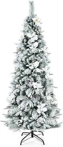 DORTALA Árbol de Navidad artificial, lápiz flocado de nieve de 7 pies, árbol de Navidad delgado con 627 puntas de rama, bayas blancas, flores de