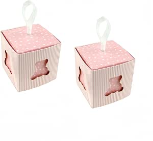 C.X.Y. 50 Portaconfetti A Forma Di Cubo Orsetto In Cartoncino Rosa Con Nastro Per Battesimo E Nascita - 5