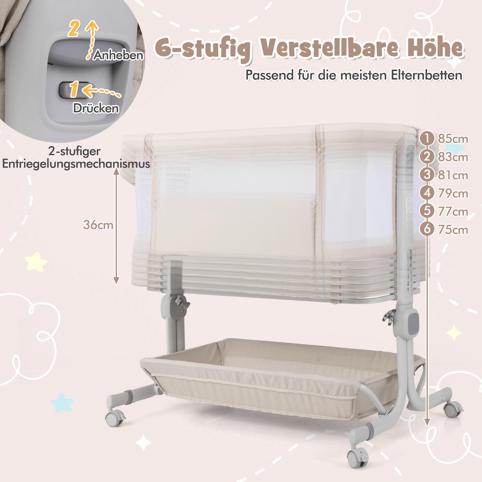 COSTWAY 3-in-1 Bijzetbed, Reisbed Baby Met Matras, Babybed 6 Voudig In Hoogte Verstelbaar Met Opbergmand En Draagtas Draagbare Wieg Met Wielen Voor Babys Tot 6 Maanden Grijs