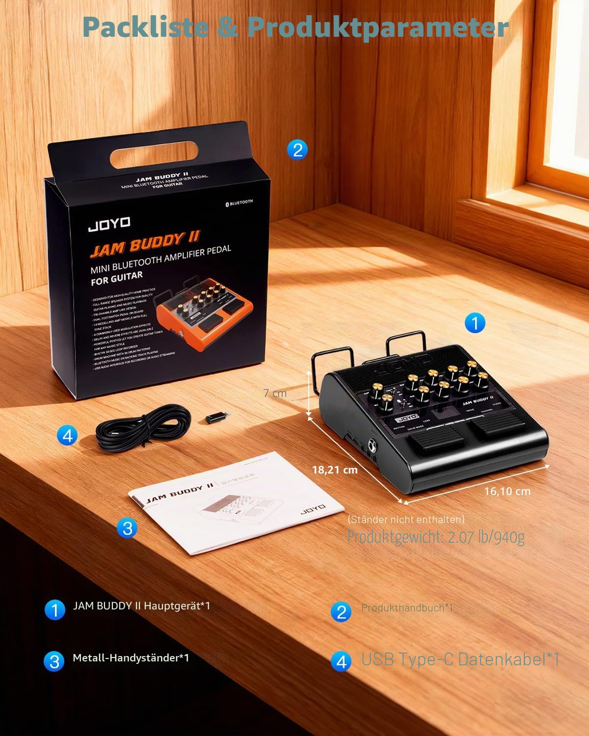 JOYO Combo Gitarrenverstärker 10W Tragbar mit Multieffekt-Pedal - 14 Verstärkermodelle, 3-Band-EQ, 36 Rhythmen & Looper, OTG-Aufnahme, Bluetooth (Jam Buddy II, Schwarz)