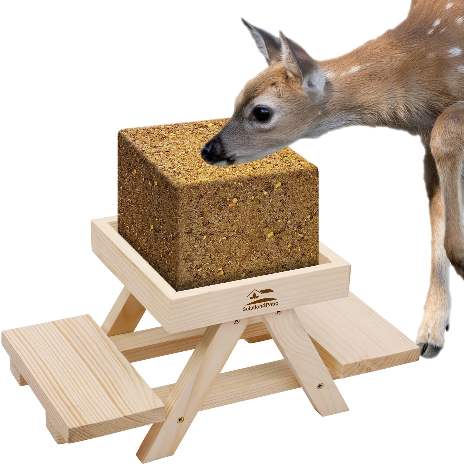 Solution4Patio Small Picnic Table Deer Block Feeder, Handmade Wooden Deer Salt Feeder, with Mesh Bottom, Attractive Backyard Deer Feeder, Easy to Assemble and Fill