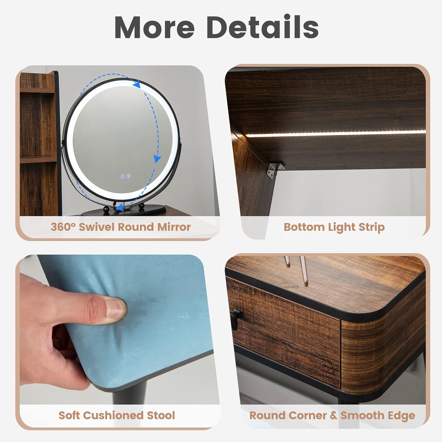 GOFLAME Vanity Table Set with 3-Color Lighted Mirror, Makeup Table and Cushioned Stool Set with Drawers, Acrylic Cosmetic Tray, 3-in-1 Charging Station, Dressing Table with Human Body Induction, Brown