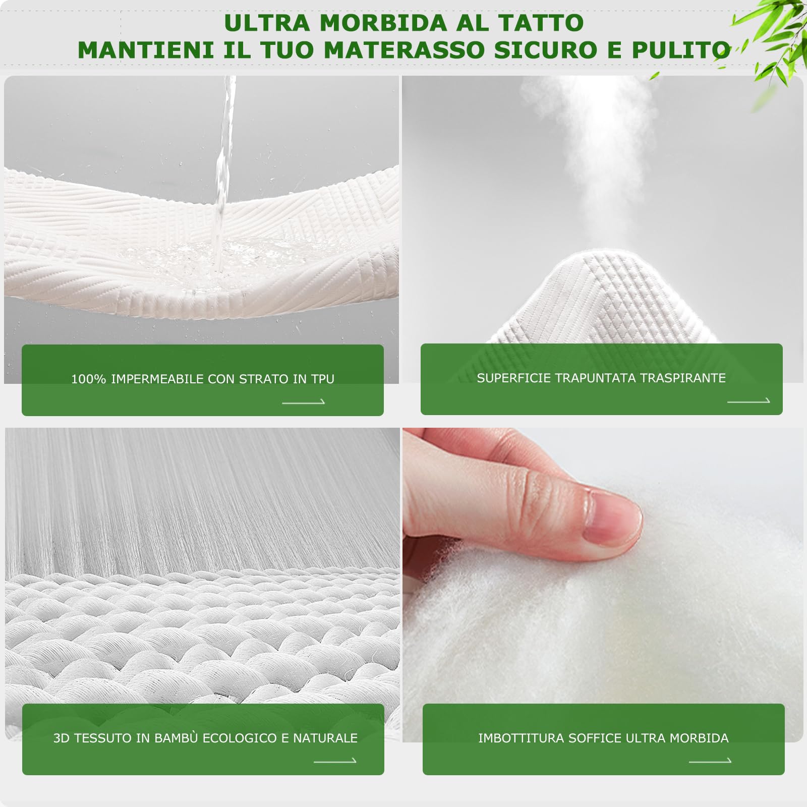 GRT Coprimaterasso matrimoniale Fibra di Bambù Impermeabile 160x200 - Proteggi Materasso Trapuntato con Elastico fino a 40 cm di Profondità - Copri Materasso Traspirante e Oeko-Tex