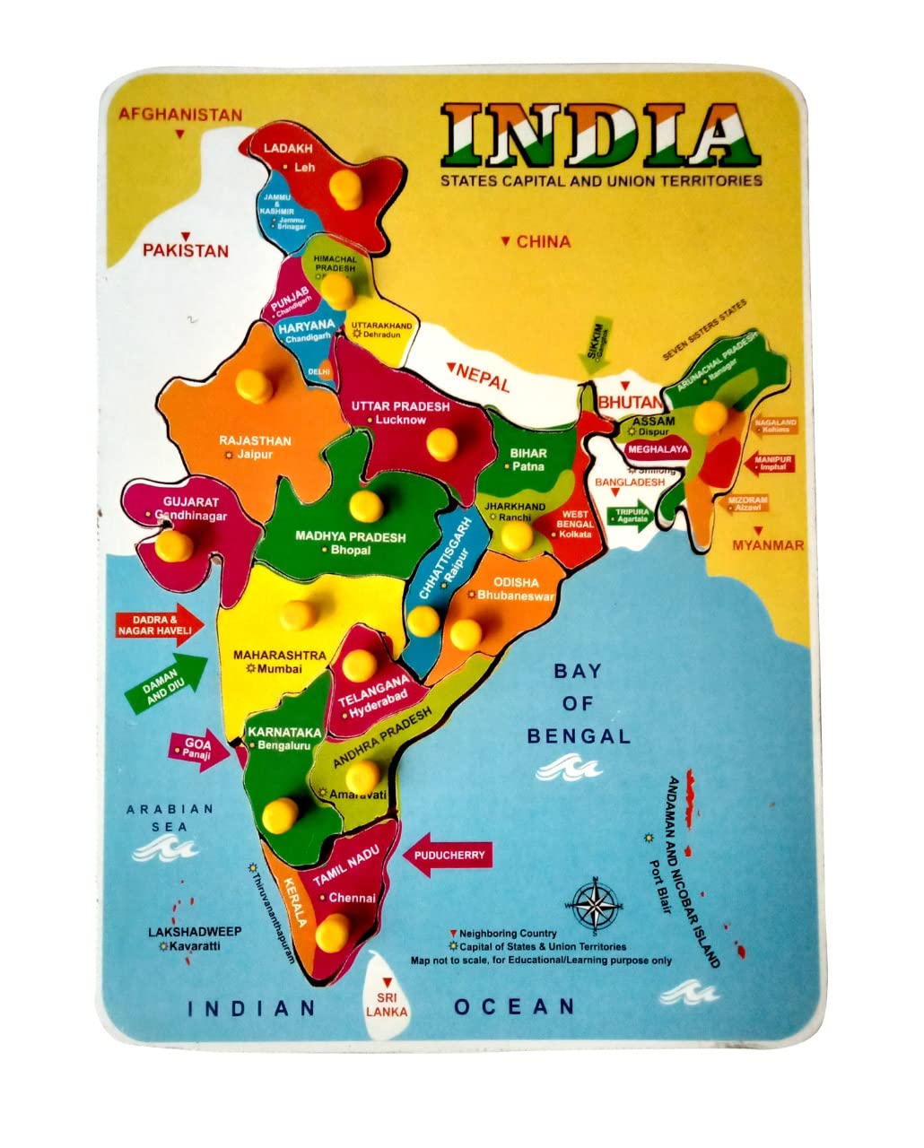 Wooden Indian Map Puzzles for Kids identifier Board Map with Knobs, Educational Puzzle Learning Wooden India Puzzle Map for Boys, Girls, Kids, Students (India Map)