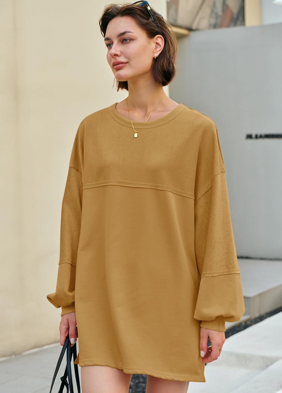 Panadila Womens Oversized Long Sleeve Patchwork Sweatshirt Dress Crewneck Tunic Sweatshirts Fall Loose Pullover Top - Image 3