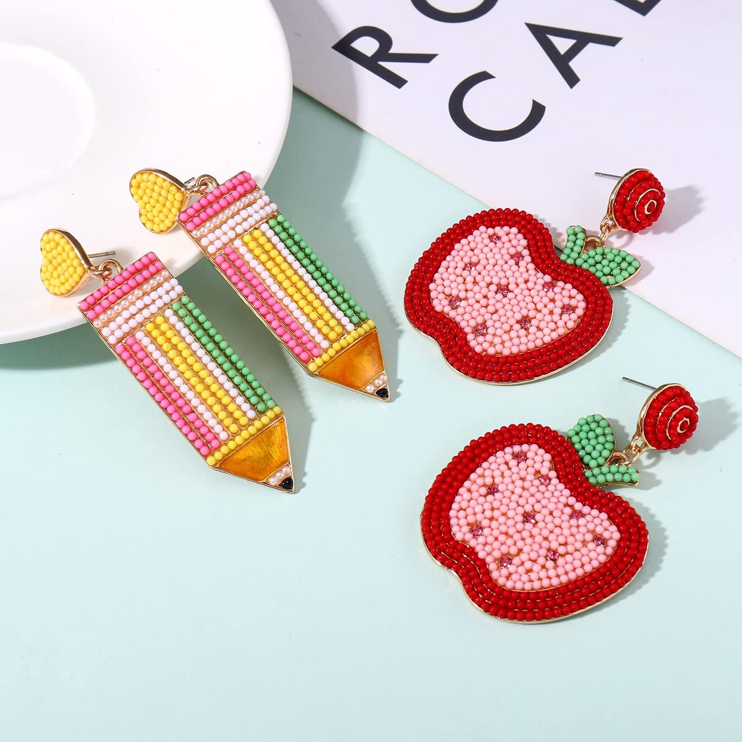 2/3Pairs Teacher Earrings for Women Beaded Pencil Dangle Earrings Statement Apple Book Drop Earrings Teacher Appreciation Gifts Back To School Jewelry Set - Image 2
