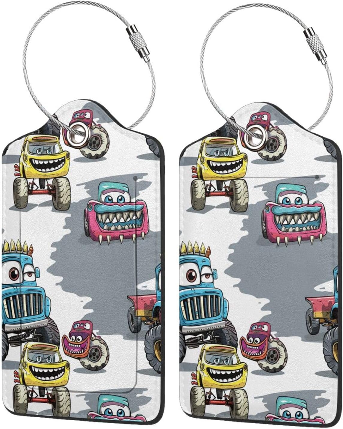 2 Pack Funny Cartoon Truck Colorful Monster Car Luggage Tags for Suitcases, Leather Baggage Tag with Loop, Funny Cool Name Id Card Cover Travel Bag Labels Set for Women Men Boys Girls Kids