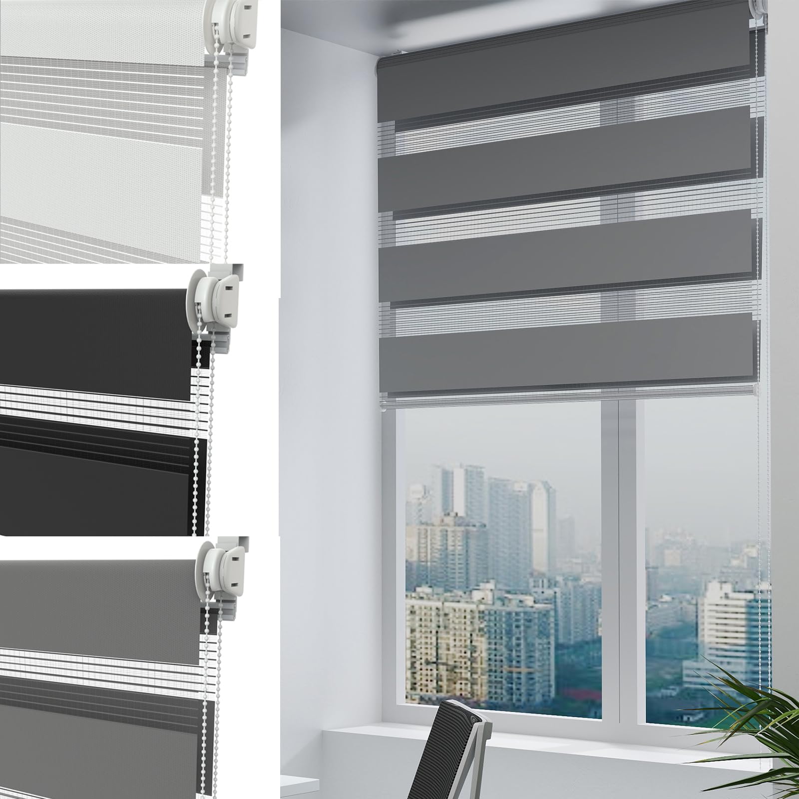 UISEBRT Doppia tenda a rullo, fissaggio senza fori, grigio, larghezza 120 x altezza 220 cm, tenda doppia per finestre senza fori, protezione solare per ufficio, soggiorno, cucina, bagno
