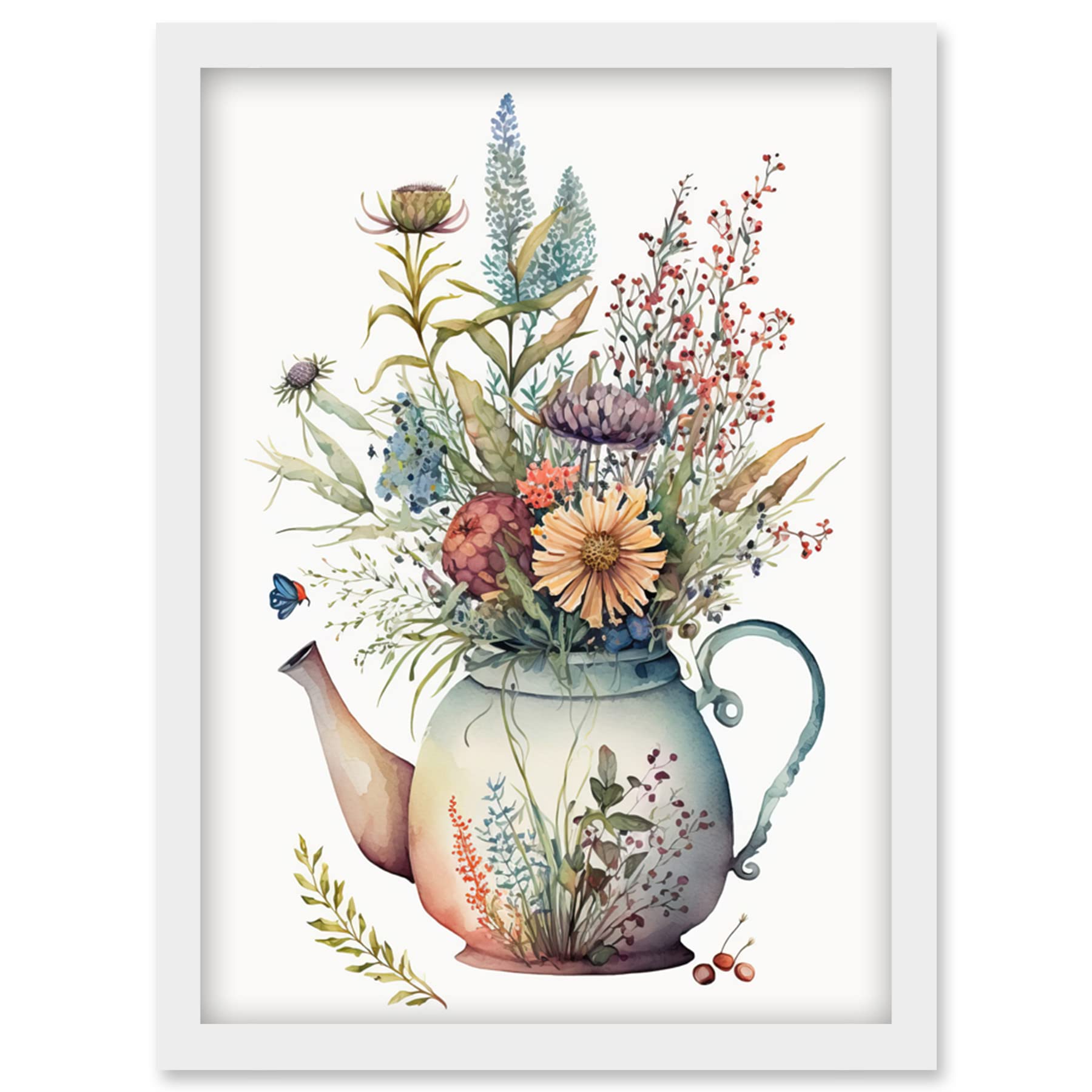 Artery8 Wildflower Floral Bouquet in China Pattern Teapot Artwork Framed Wall Art Print A4