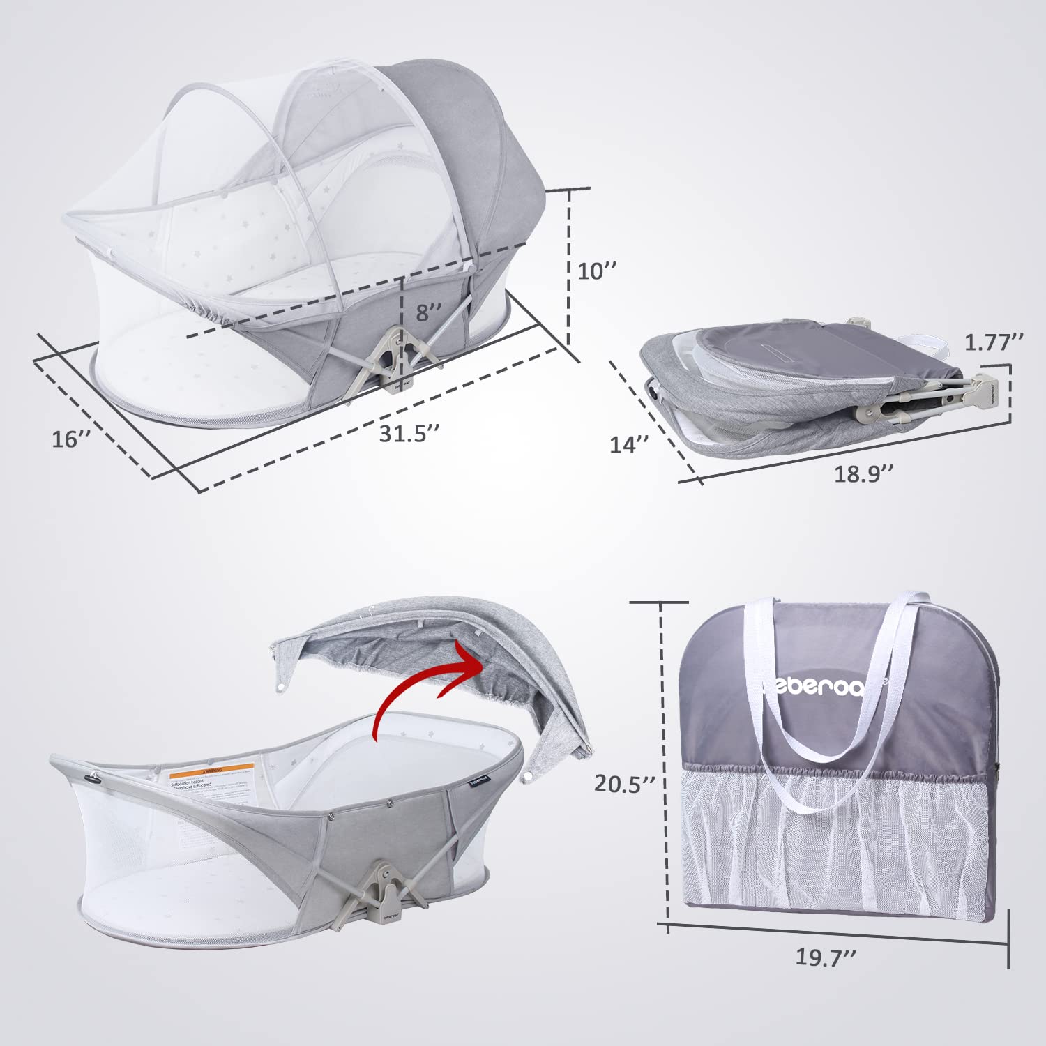 Beberoad Love Baby Travel Bassinet Portable Bassinet-Folding Baby Bassinet in Bed Mini Travel Crib Infant Travel Bed with Mosquito Net and Canopy Lightweight Washable Foldable Light Grey