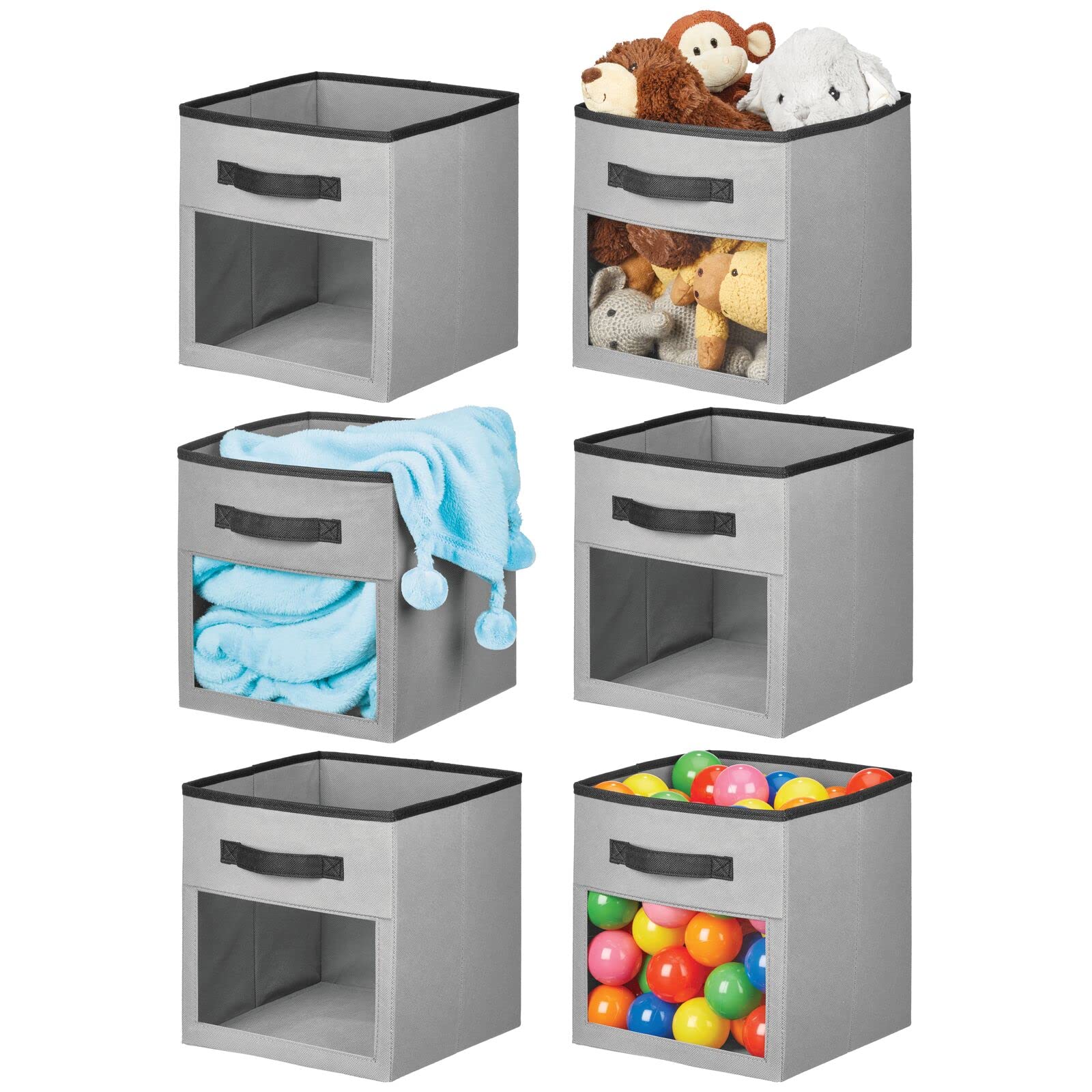 mDesign Fabric Nursery/Playroom Closet Storage Organizer Bin Box with Front Handle/Window for Cube Furniture Shelving Units, Hold Toys, Clothes, Diapers, Bibs, Jane Collection, 6 Pack - Gray/Black