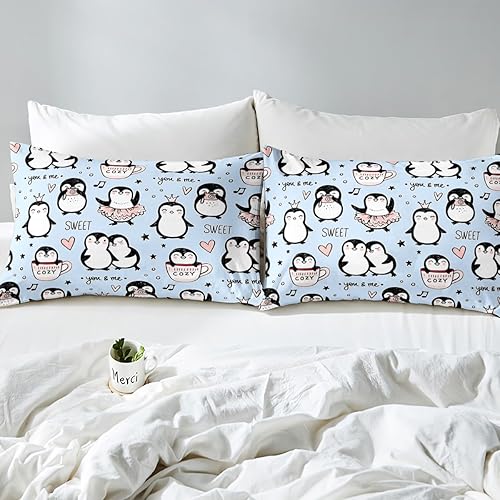 Miniatura 5 de Manfei Juego de sábanas de pingüinos de dibujos animados, tamaño King, bonito juego de ropa de cama de animales árticos para niños y niñas,