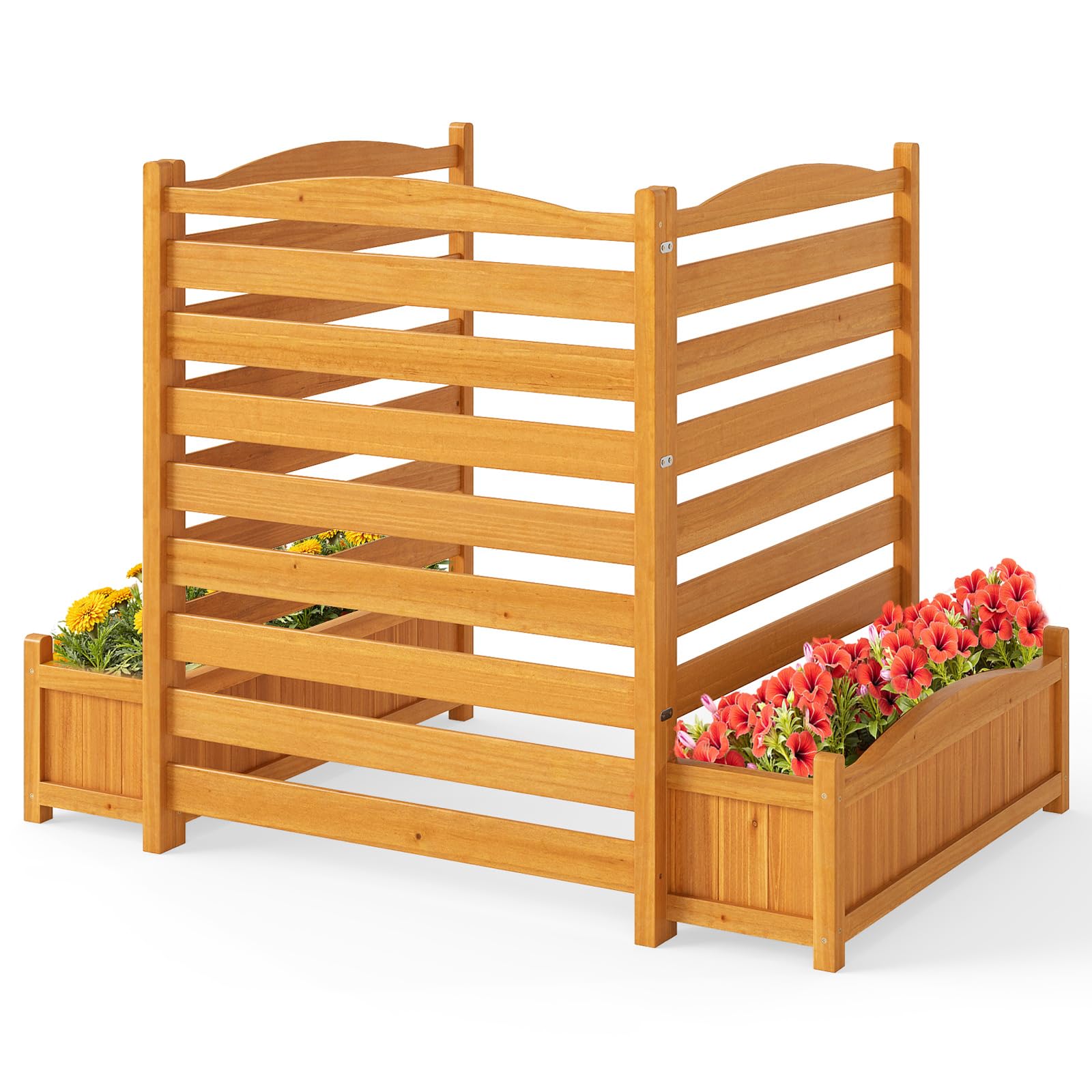 COSTWAY Garden Planter with Trellis, 2/3-Panel Decorative Privacy Screen with 2 Planter Boxes, Wooden Garden Fence for Yard Deck Patio Balcony (3-Panel)
