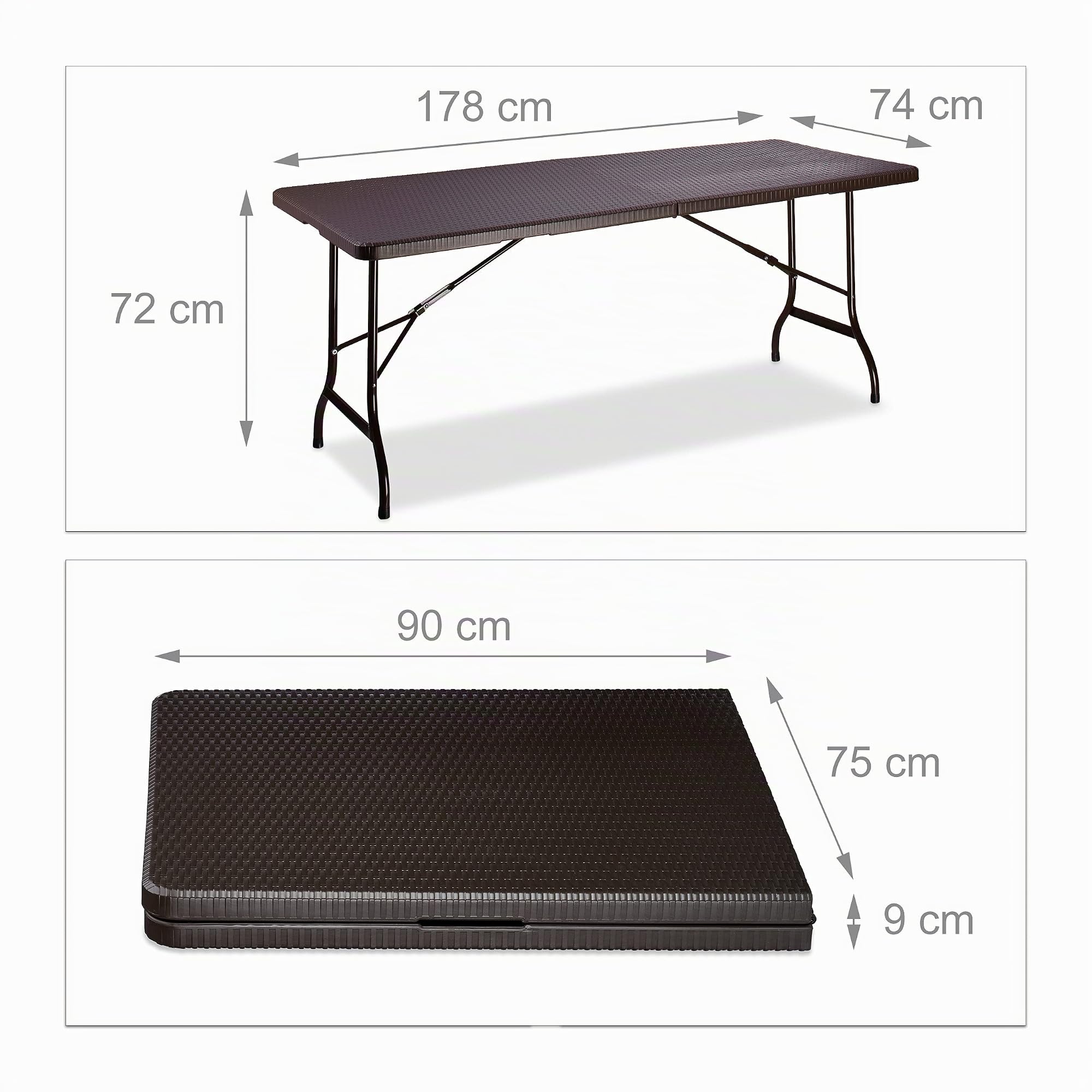 Relaxdays Mesa Terraza Bastian, Plegable, Grande, Asa de Transporte, Rectangular, Jardín o Camping, 72x178x74 cm, Marrón