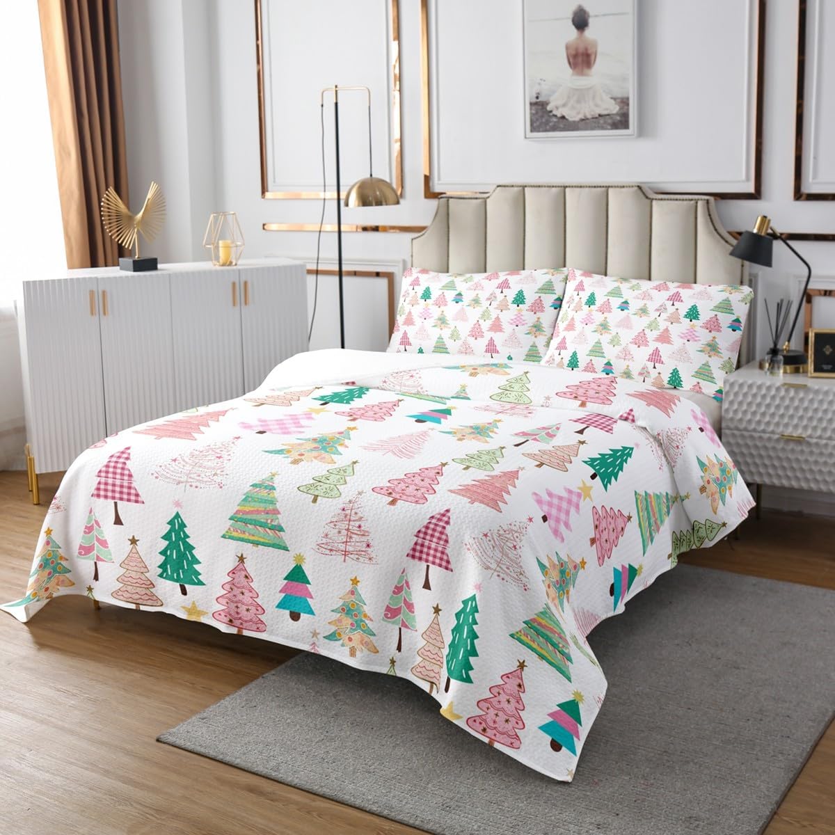 Erosebridal Pink Christmas Tree Bedspread Set, Watercolor Hand Drawn Coverlet Set Queen Cartoon Multicolor Quilted, Cute Decor