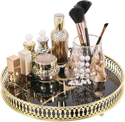 Miniatura 1 de Zosenley Bandeja decorativa de maquillaje, bandeja de tocador de cristal, almacenamiento redondo de cosméticos para joyas, maquillaje, perfume,