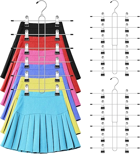 Cabides de saia de 6 camadas que economizam espaço, 2 cabides para calças, saias com clipes para armário feminino, organizador de armário antiderrapante e armazenamento, várias roupas, shorts,