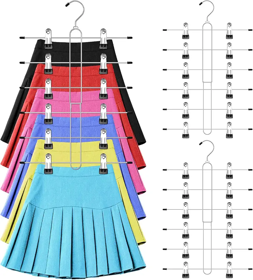 Cabides de saia de 6 camadas que economizam espaço, 2 cabides para calças, saias com clipes para armário feminino, organizador de armário antiderrapante e armazenamento, várias roupas, shorts,