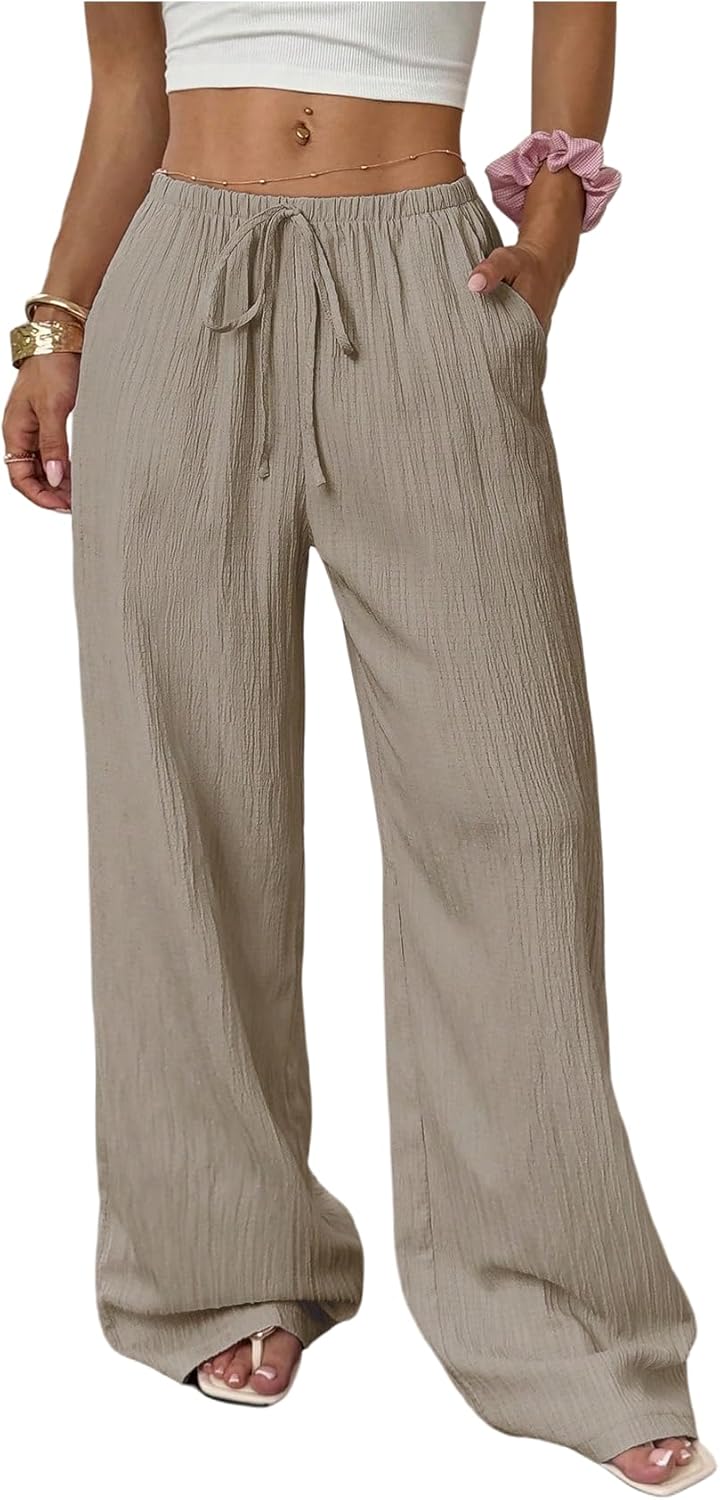 Women's Drawstring Waist Wide Leg Pants Low Rise Beach Holiday Loose Trousers with Pockets