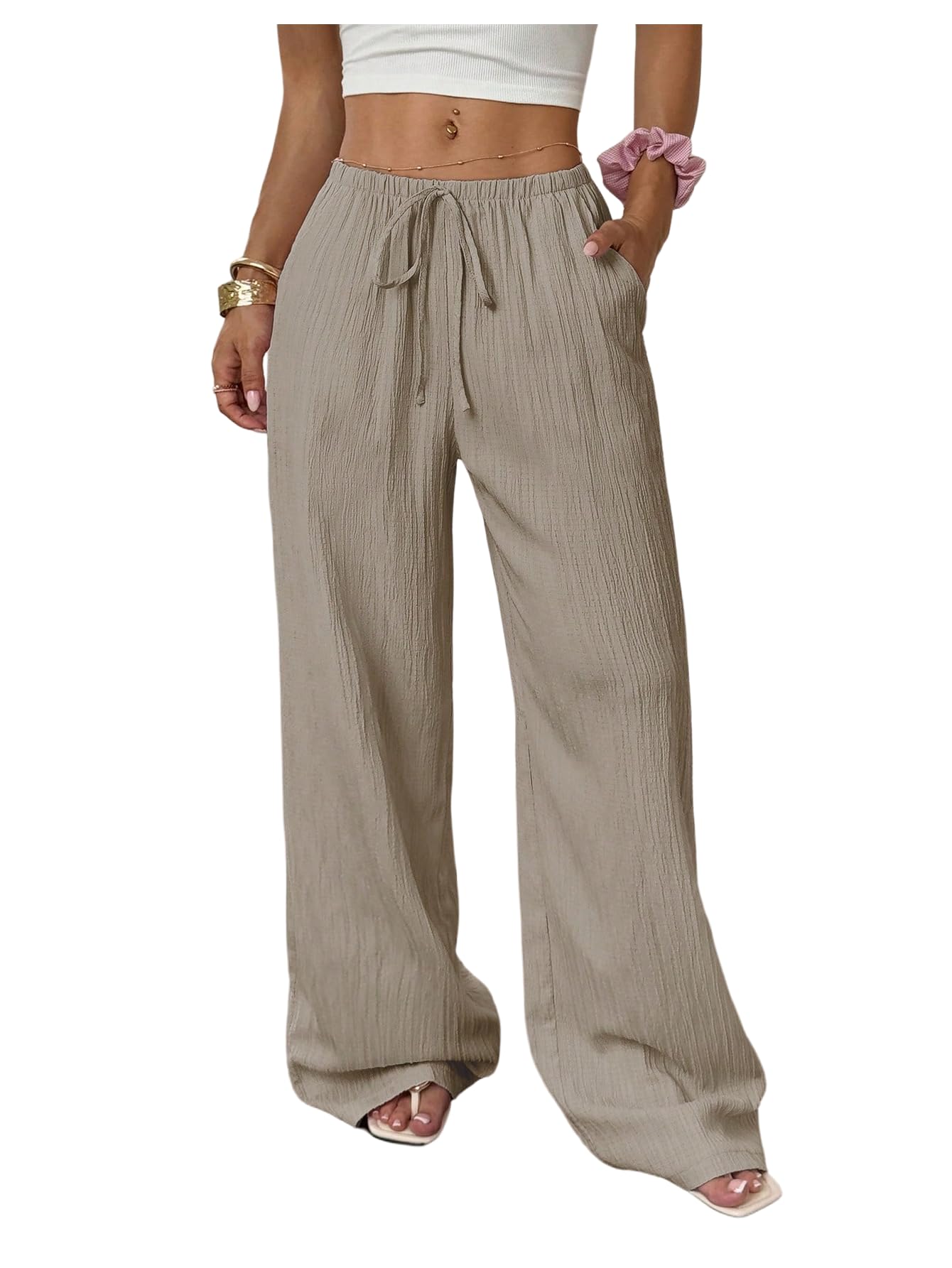 Womens Drawstring Waist Wide Leg Pants Low Rise Beach Holiday Loose Trousers with Pockets