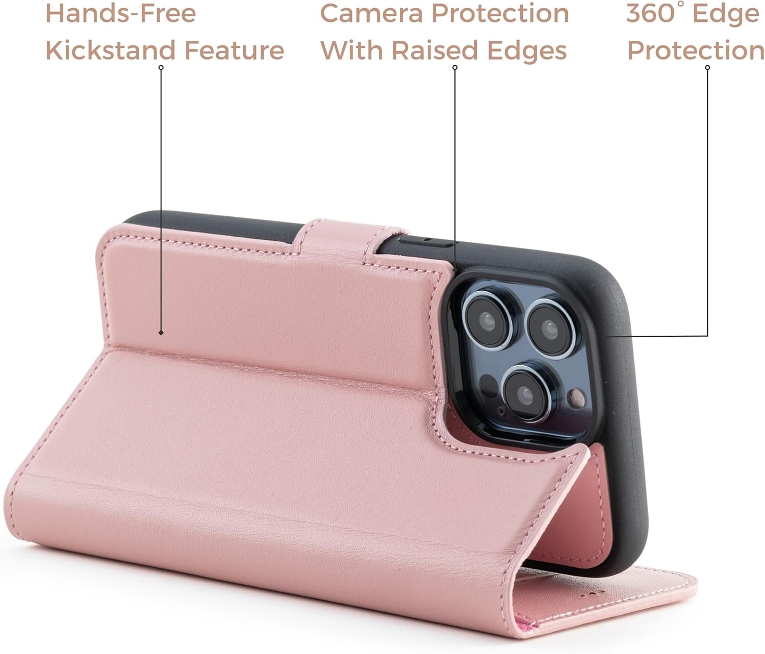 iPhone 13 Pro Max Leather Case with MagSafe, Genuine Leather iPhone 13 Promax Wallet Case with Card Holder, Detachable Magnetic Flip Cover, RFID Blocking, Pink