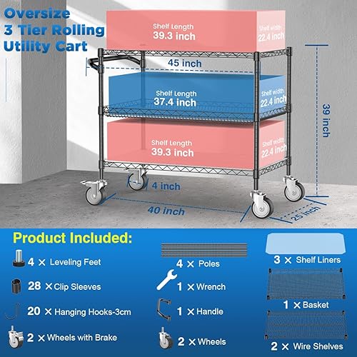 Miniatura 6 de Leteuke Carrito rodante de 3 niveles resistente con ruedas, certificado NSF, capacidad de 1120 libras, carrito utilitario rodante de grado comercial