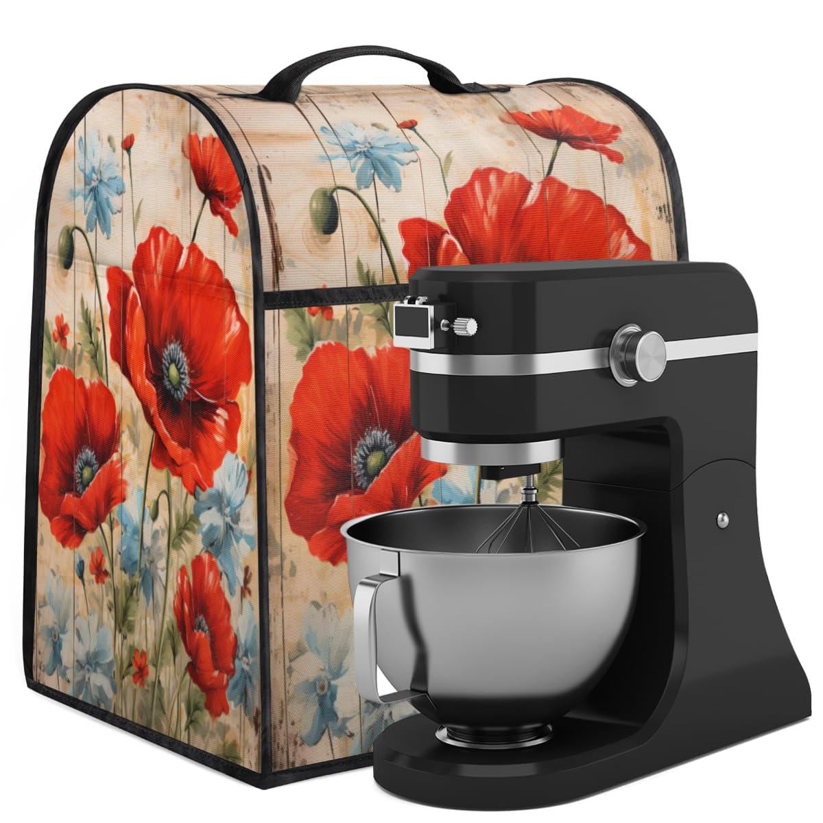 Coffee Maker Cover Retro Wood Poppy Kitchen Appliance Covers Small Appliance Covers Blender Cover Juicer Cover Dust Covers for Kitchen Appliances with Top Handle and Pockets,Washable,C234