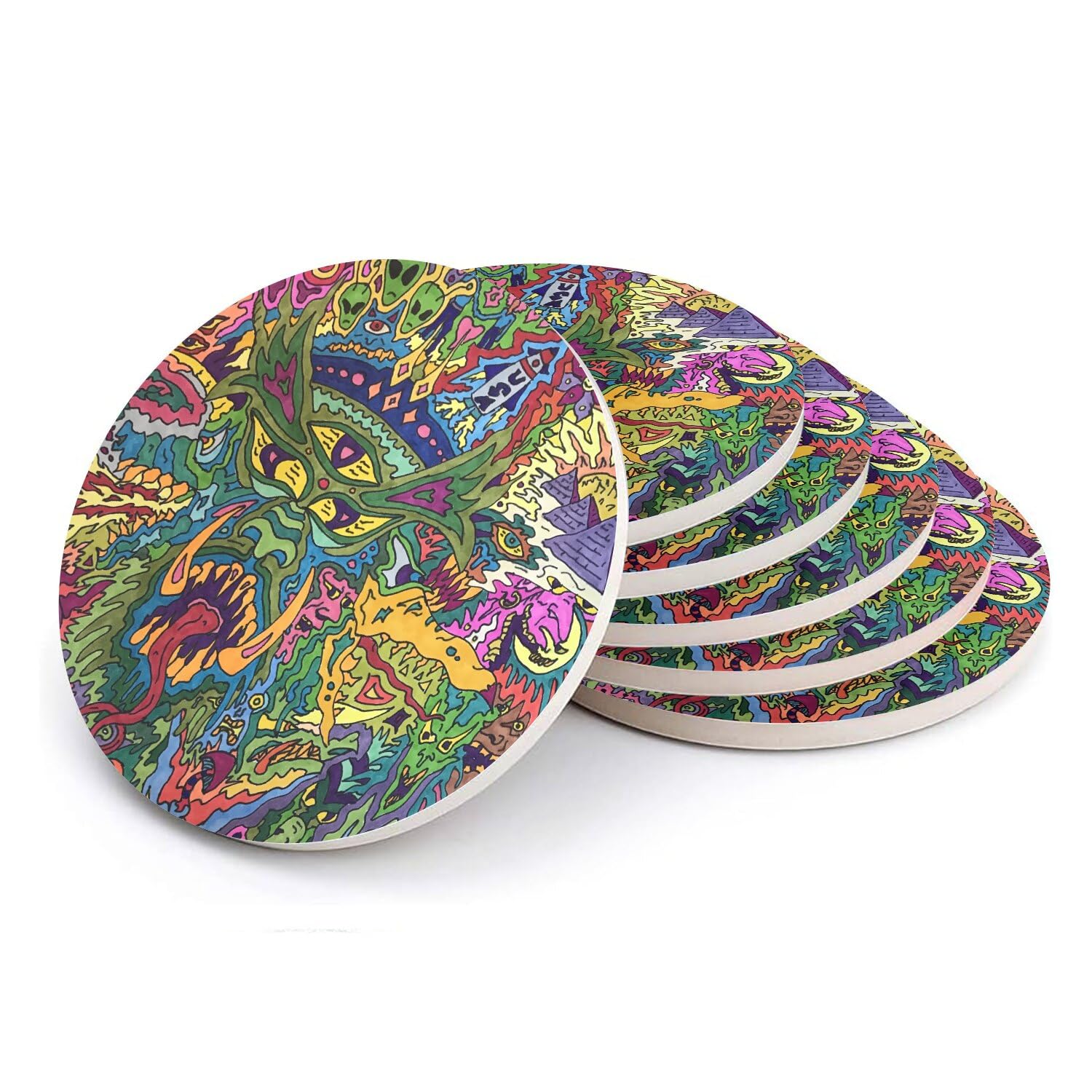 Sous-verre ronds en céramique multicolore dessin psychedelique pop