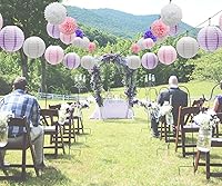 Vista 5 de KAXIXI Juego de decoraciones colgantes para fiestas, 15 unidades, flores de papel rosa, morado, blanco, pompones y faroles de papel para bodas, Dark
