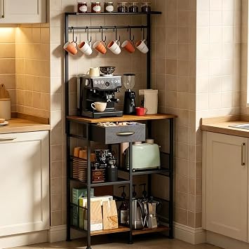 Coffee Bar Table with Storage, Tea Cart Buffet Cabinet with 6 Hooks, Kitchen Storage Cabinets, Compact Coffee Cabinet for Home Bedroom Coffee Bar B
