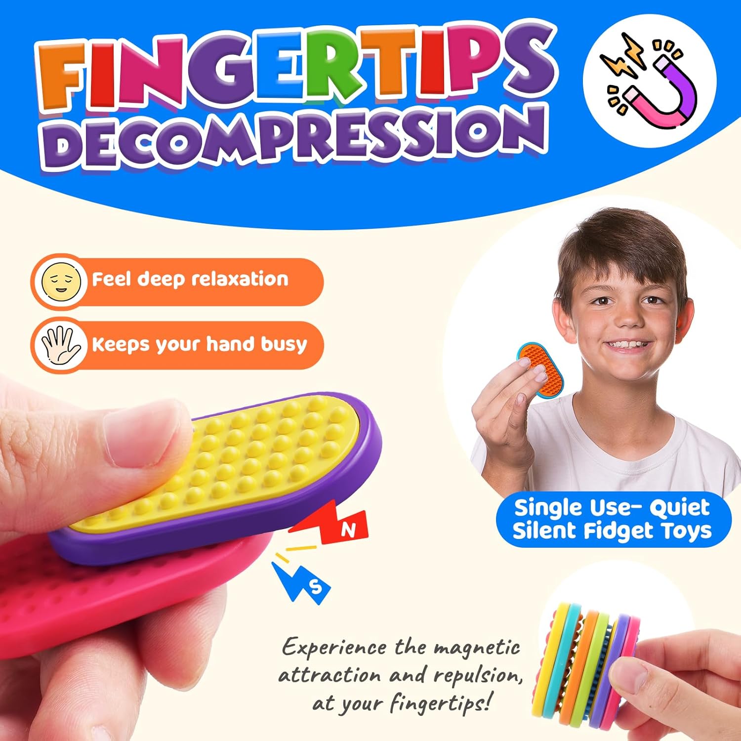 Sensory Fidget Magnet Toys for Kids: 18-Pack Textured Silicone Magnetic Sliders for Autism Children Classroom Must Haves, Goodie Bags Fidgets Box Gifts Portable Quiet Travel Toys
