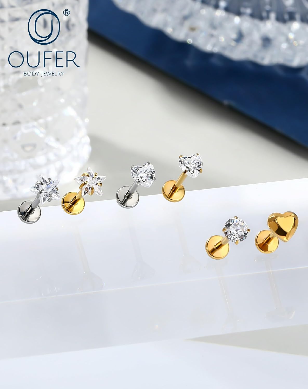OUFER 18G 6/7/8MM Flat Back Cartilage EarRings-3PCS Gold Titanium Extended Internally Threaded Lip Piercing 2/3/4MM Round Clear CZ Helix Piercing Jewelry