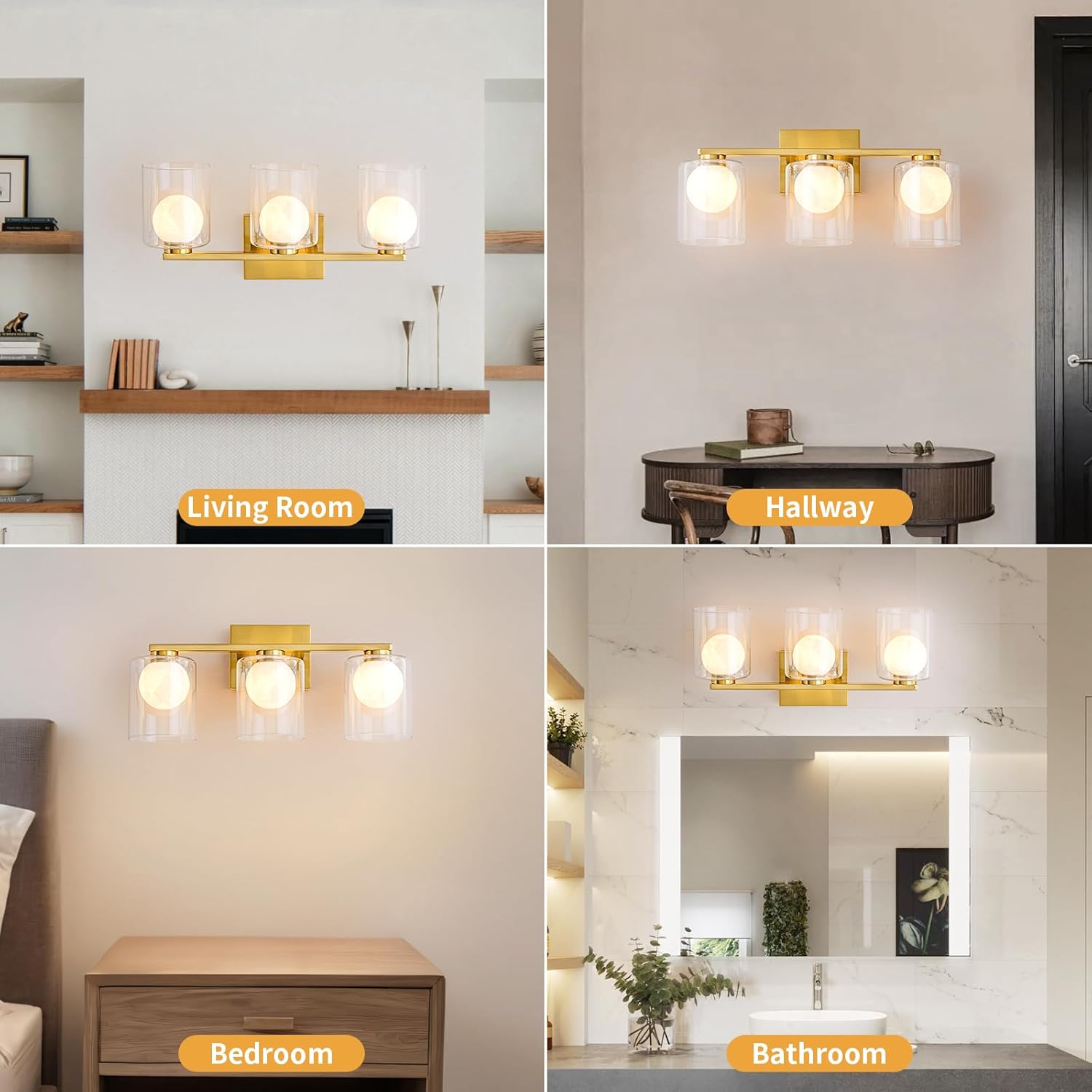 WILON 3 Light LED Wall Sconce, Brass Modern Vanity Lights with Double Lamp Shade, Bathroom Vanity Lights Over Mirror, Wall Lights for Living Room Hallway Kitchen Staircase Corridor