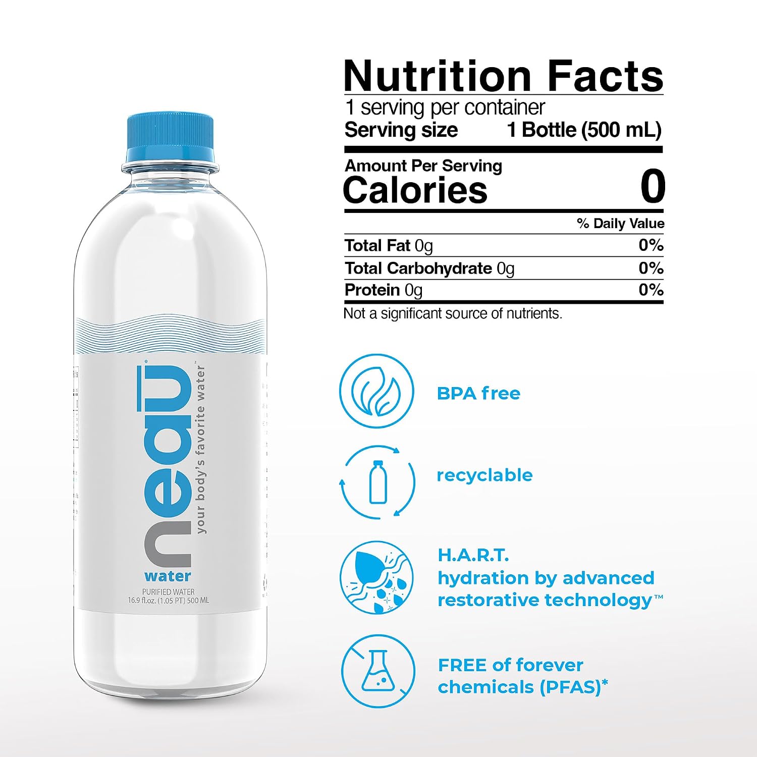 neaū water, still bottled water, 500 ml 24-pack, artesian, clean & crisp taste, free of forever chemicals (PFAS)*, naturally-balanced pH, no additives, aluminum bottles, BPA-free, 100% recyclable, H.A.R.T. - Hydration by Advanced Restorative Technology